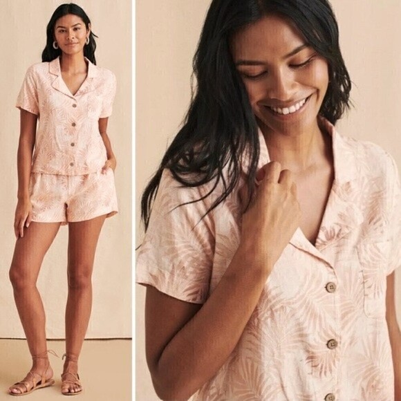 New! Faherty Linen Paradise Cove Palms Buttoned Down Camp Shirt Top - Picture 1 of 9